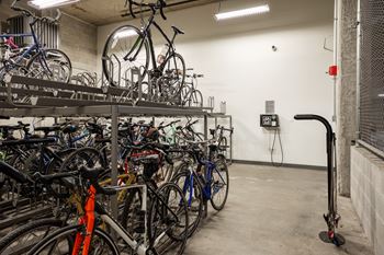 Rack full of bikes in a garage